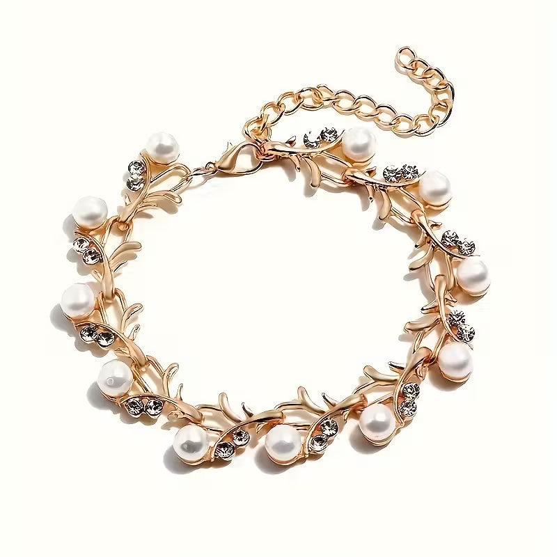 Elegant Gold-Plated Pearl & Crystal Jewelry Set