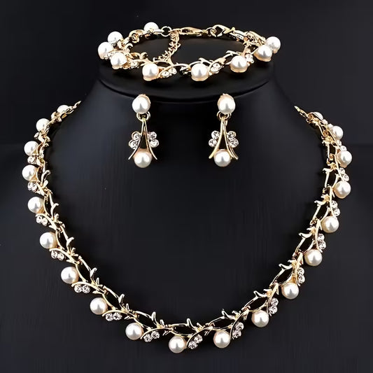 Elegant Gold-Plated Pearl & Crystal Jewelry Set